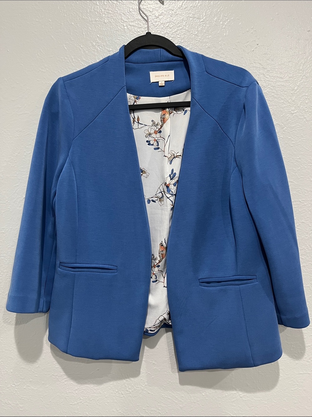 Skies Are Blue Open-Front Robin Egg Blue Blazer with Floral Lining